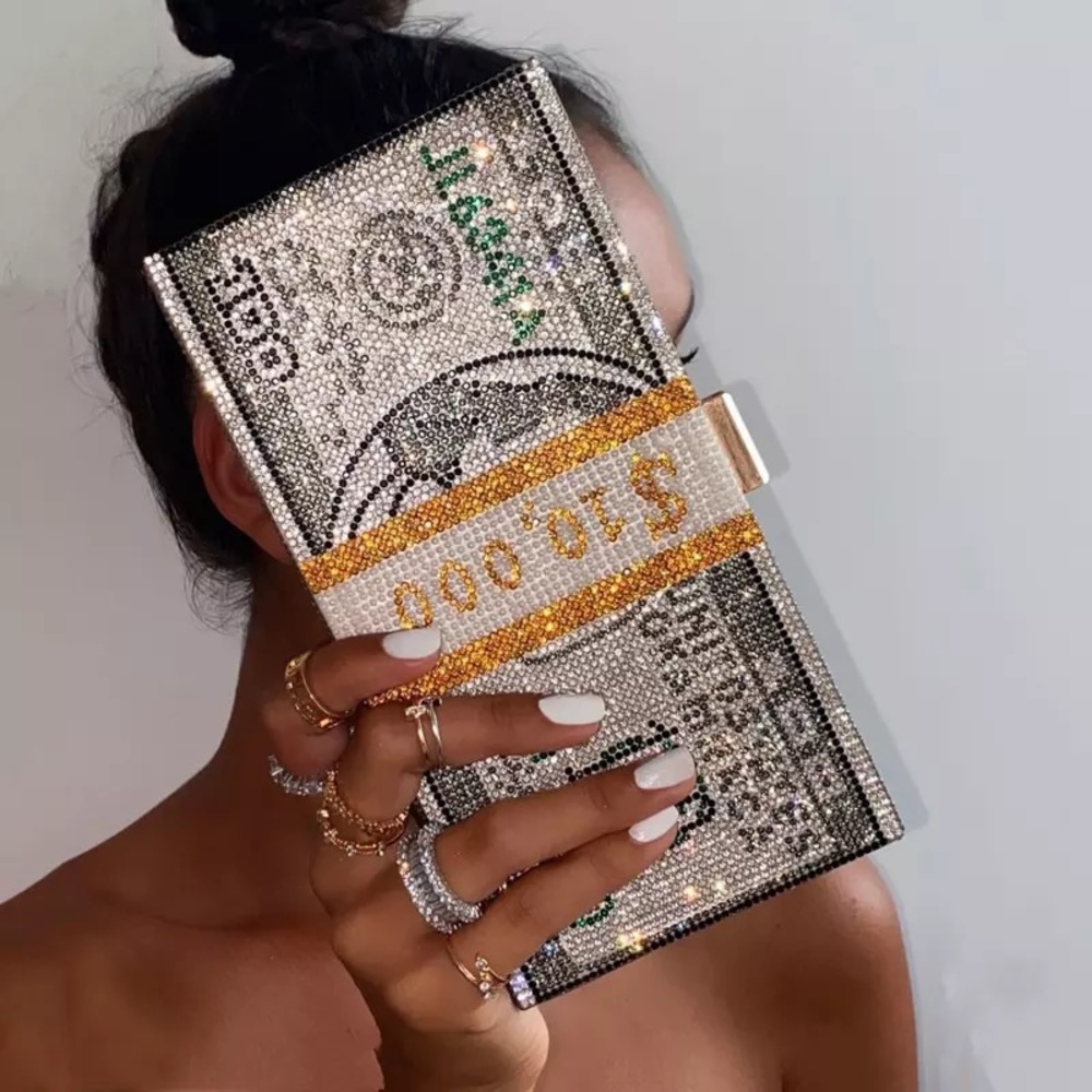 Silver Glitter Money Stack Hard Clutch Bag